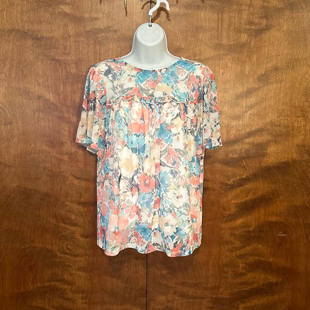 Luxology Short Sleeve Ruffle Mesh Top Womens M Watercolor Floral Shirt Lined
